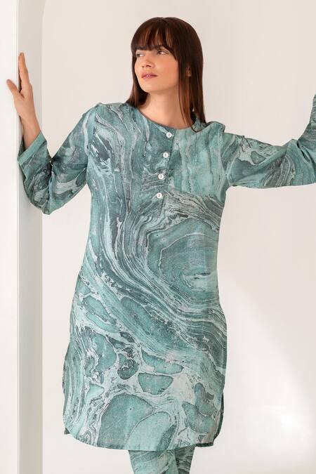 Buy_Kameez_Green Cotton Printed Marble Round Neck Kurta And Pant Set_Online_at_Aza_Fashions