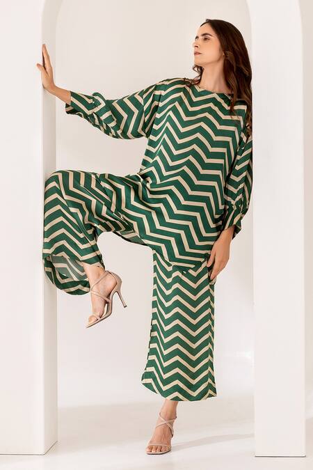 Buy_Kameez_Green Modal, Satin Boat Neck Selesnya Printed Kurta And Pant Set_Online_at_Aza_Fashions
