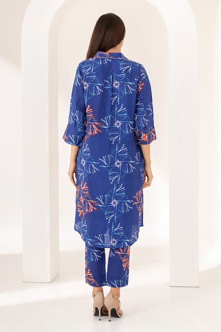Shop Kameez Blue Silk Embroidery Collared Savoy Floral Print Kurta And Pant Set at Aza Fashions Shop_Kameez_Blue Silk Embroidery Collared Savoy Floral Print Kurta And Pant Set _at_Aza_Fashions