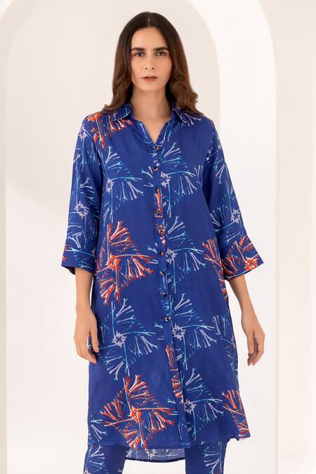Kameez Blue Silk Embroidery Collared Savoy Floral Print Kurta And Pant Set Online at Aza Fashions Kameez_Blue Silk Embroidery Collared Savoy Floral Print Kurta And Pant Set _Online_at_Aza_Fashions