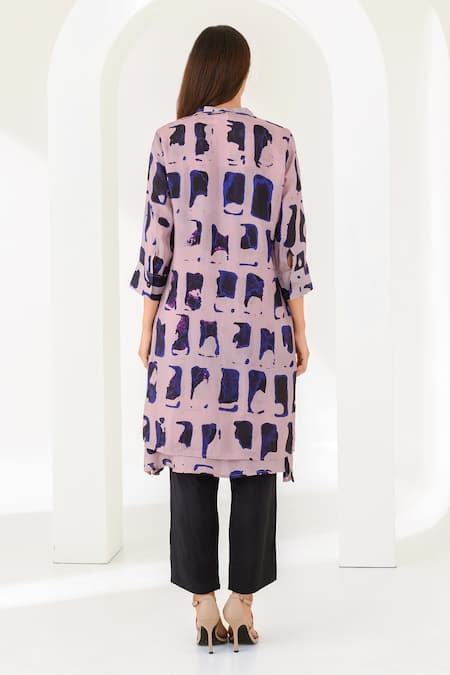 Shop Kameez Purple Silk Collared Modern Art Printed Jacket And Pant Set at Aza Fashions Shop_Kameez_Purple Silk Collared Modern Art Printed Jacket And Pant Set _at_Aza_Fashions