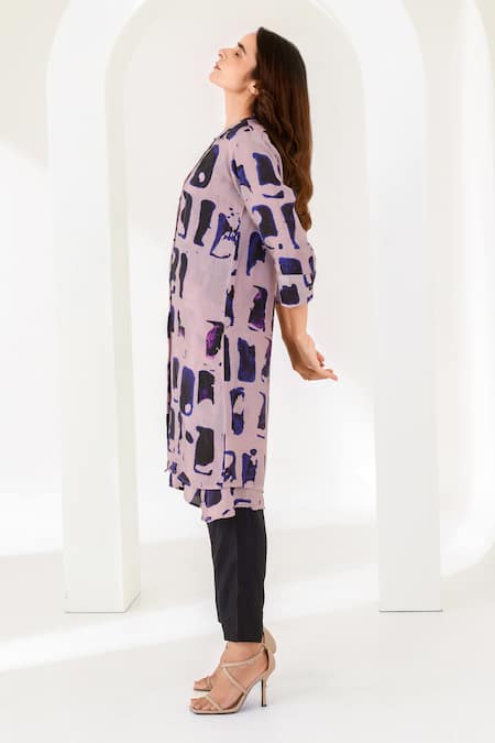 Kameez Purple Silk Collared Modern Art Printed Jacket And Pant Set Online at Aza Fashions Kameez_Purple Silk Collared Modern Art Printed Jacket And Pant Set _Online_at_Aza_Fashions