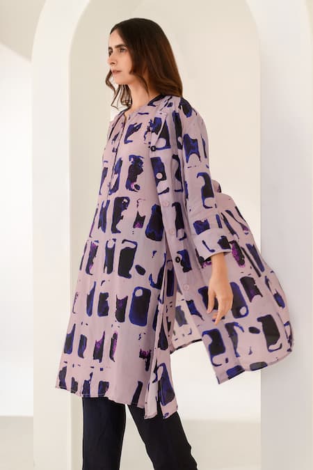 Buy Kameez Purple Silk Collared Modern Art Printed Jacket And Pant Set Online at Aza Fashions Buy_Kameez_Purple Silk Collared Modern Art Printed Jacket And Pant Set _Online_at_Aza_Fashions