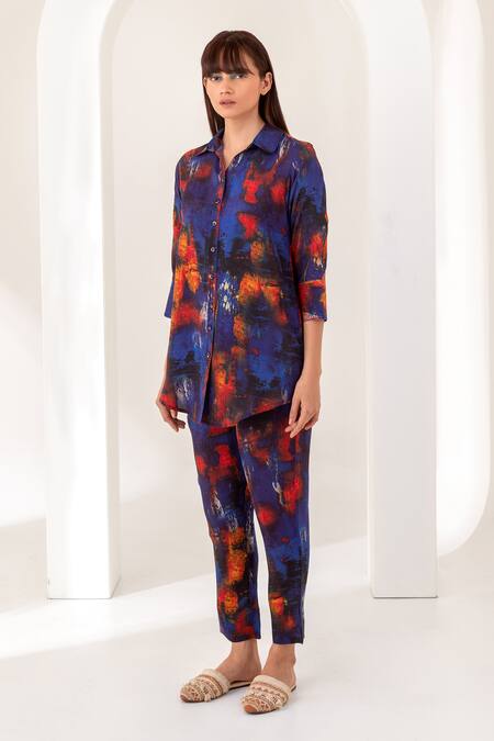 Shop_Kameez_Multi Color Silk Embroidery Collared Bright Hues Printed Shirt And Pant Set _Online_at_Aza_Fashions