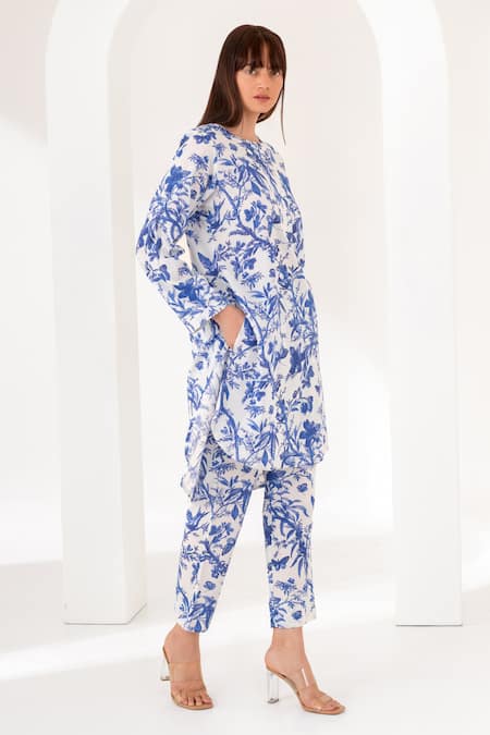 Buy Kameez Blue Cotton Embroidery Round Neck Blossom Floral Print Kurta And Pant Set Online at Aza Fashions Buy_Kameez_Blue Cotton Embroidery Round Neck Blossom Floral Print Kurta And Pant Set_Online_at_Aza_Fashions