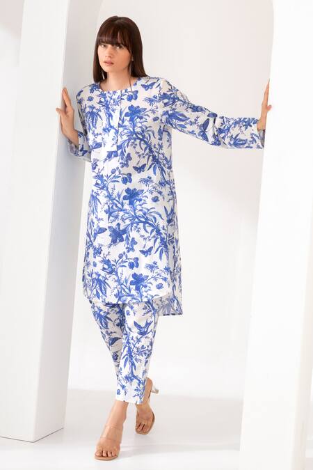 Shop Kameez Blue Cotton Embroidery Round Neck Blossom Floral Print Kurta And Pant Set Online at Aza Fashions Shop_Kameez_Blue Cotton Embroidery Round Neck Blossom Floral Print Kurta And Pant Set_Online_at_Aza_Fashions
