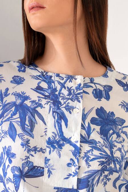 Kameez Blue Cotton Embroidery Round Neck Blossom Floral Print Kurta And Pant Set at Aza Fashions Kameez_Blue Cotton Embroidery Round Neck Blossom Floral Print Kurta And Pant Set_at_Aza_Fashions