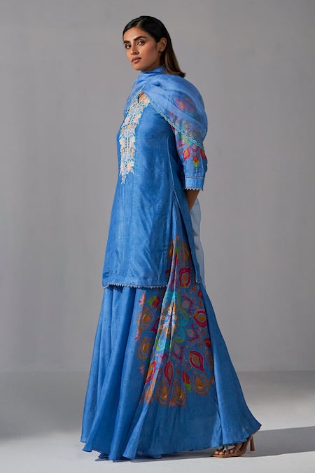 Koashee By Shubitaa Blue Silk, Organza Embroidery, Sequins, Floral Embellished Kurta Sharara Set 