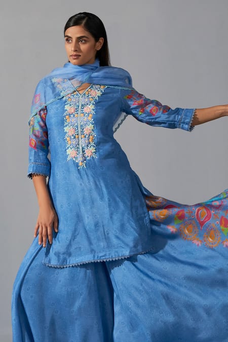 Shop Koashee By Shubitaa Blue Silk, Organza Embroidery, Sequins, Floral Embellished Kurta Sharara Set at Aza Fashions Shop_Koashee By Shubitaa_Blue Silk, Organza Embroidery, Sequins, Floral Embellished Kurta Sharara Set _at_Aza_Fashions