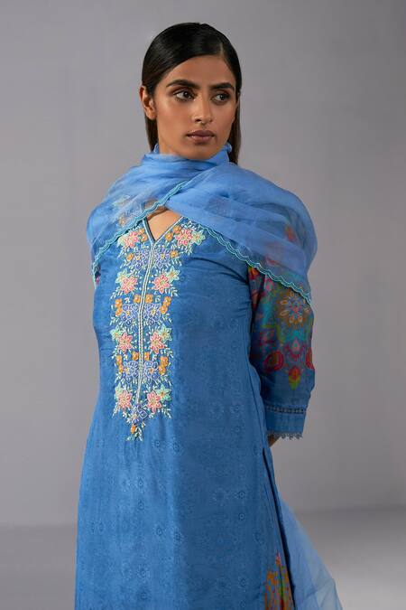 Koashee By Shubitaa Blue Silk, Organza Embroidery, Sequins, Floral Embellished Kurta Sharara Set Online at Aza Fashions Koashee By Shubitaa_Blue Silk, Organza Embroidery, Sequins, Floral Embellished Kurta Sharara Set _Online_at_Aza_Fashions