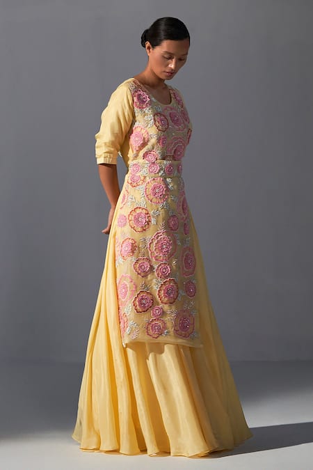 Koashee By Shubitaa_Yellow Silk Embroidery Round Neck 3d Floral Jumpsuit With Belt _Online_at_Aza_Fashions