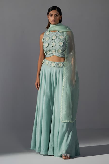 Shop Koashee By Shubitaa Blue Silk, Organza Embroidery Round Neck 3d Floral Top Sharara Set at Aza Fashions Shop_Koashee By Shubitaa_Blue Silk, Organza Embroidery Round Neck 3d Floral Top Sharara Set _at_Aza_Fashions