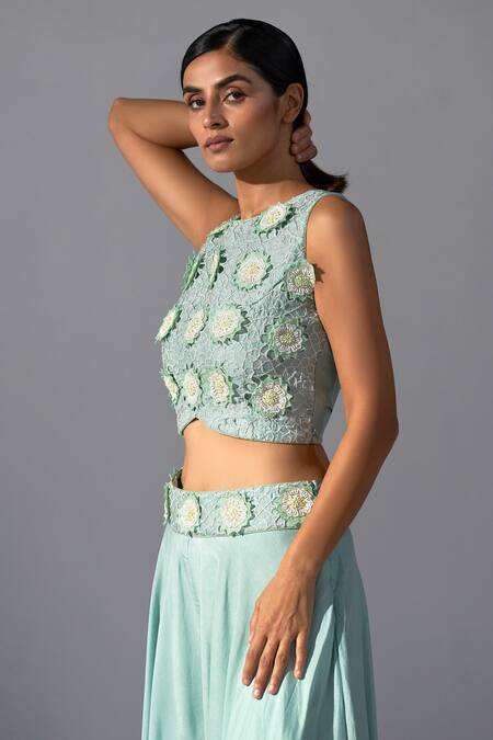 Koashee By Shubitaa Blue Silk, Organza Embroidery Round Neck 3d Floral Top Sharara Set Online at Aza Fashions Koashee By Shubitaa_Blue Silk, Organza Embroidery Round Neck 3d Floral Top Sharara Set _Online_at_Aza_Fashions