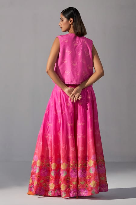 Shop Koashee By Shubitaa Pink Silk Sequins, Beads V-, Open Embroidered Jacket Palazzo Set at Aza Fashions Shop_Koashee By Shubitaa_Pink Silk Sequins, Beads V-, Open Embroidered Jacket Palazzo Set _at_Aza_Fashions