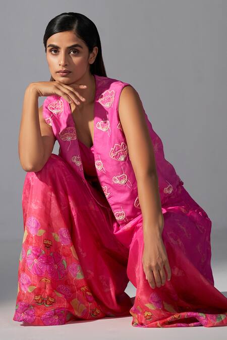 Shop Koashee By Shubitaa Pink Silk Sequins, Beads V-, Open Embroidered Jacket Palazzo Set Online at Aza Fashions Shop_Koashee By Shubitaa_Pink Silk Sequins, Beads V-, Open Embroidered Jacket Palazzo Set _Online_at_Aza_Fashions