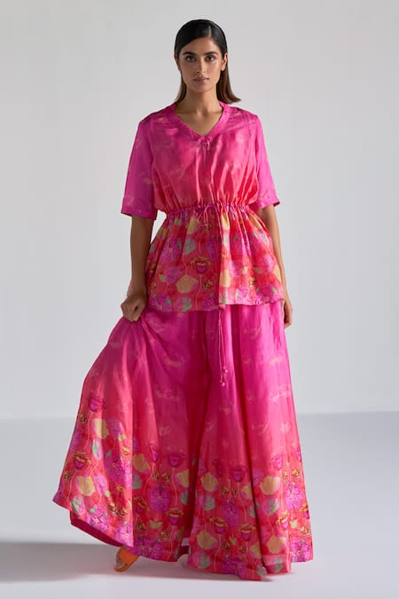 Koashee By Shubitaa Pink Silk Embroidery V-neck Floral Print Top Palazzo Set 