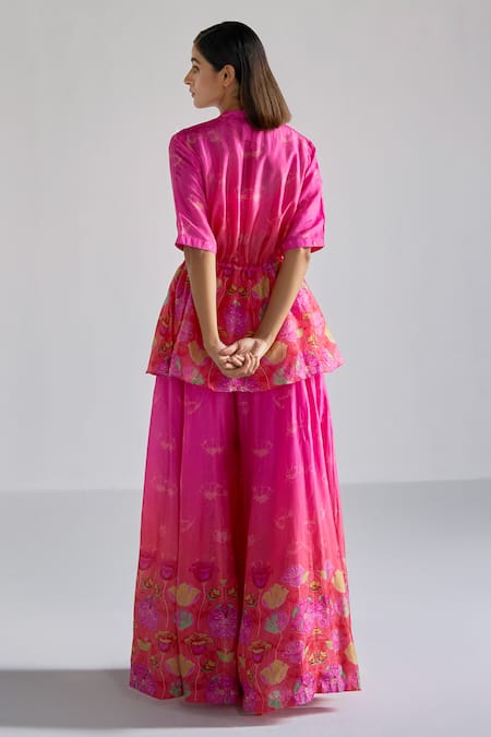 Shop Koashee By Shubitaa Pink Silk Embroidery V-neck Floral Print Top Palazzo Set at Aza Fashions Shop_Koashee By Shubitaa_Pink Silk Embroidery V-neck Floral Print Top Palazzo Set _at_Aza_Fashions