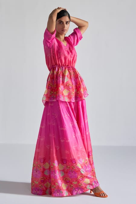 Koashee By Shubitaa Pink Silk Embroidery V-neck Floral Print Top Palazzo Set Online at Aza Fashions Koashee By Shubitaa_Pink Silk Embroidery V-neck Floral Print Top Palazzo Set _Online_at_Aza_Fashions