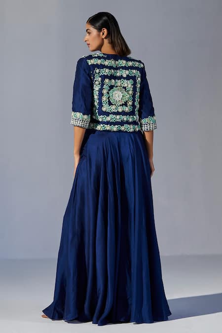 Shop Koashee By Shubitaa Blue Silk Sequins, Embroidery Open , Square Placket Sharara Set at Aza Fashions Shop_Koashee By Shubitaa_Blue Silk Sequins, Embroidery Open , Square Placket Sharara Set _at_Aza_Fashions