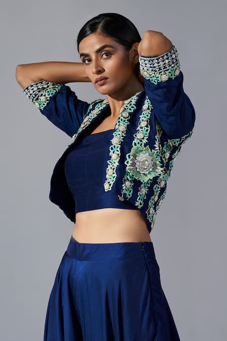 Koashee By Shubitaa Blue Silk Sequins, Embroidery Open , Square Placket Sharara Set Online at Aza Fashions Koashee By Shubitaa_Blue Silk Sequins, Embroidery Open , Square Placket Sharara Set _Online_at_Aza_Fashions
