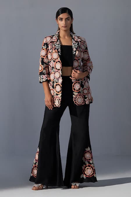 Koashee By Shubitaa Black Silk Sequins, Embroidery 3d Floral Jacket And Bell Bottom Pant Set 