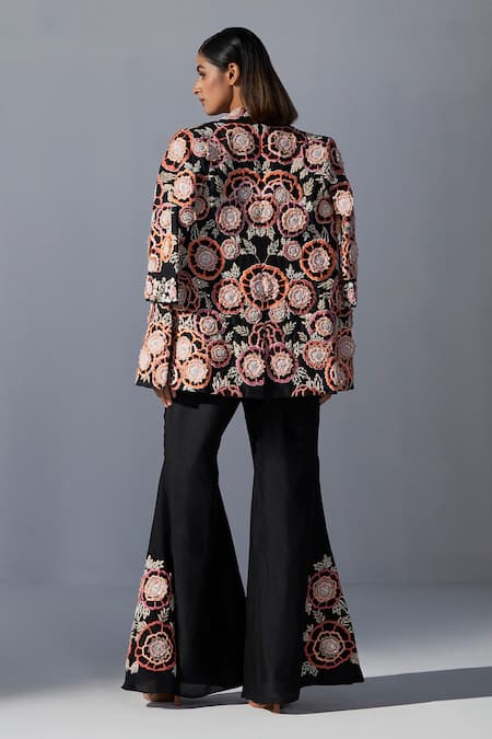 Shop Koashee By Shubitaa Black Silk Sequins, Embroidery 3d Floral Jacket And Bell Bottom Pant Set at Aza Fashions Shop_Koashee By Shubitaa_Black Silk Sequins, Embroidery 3d Floral Jacket And Bell Bottom Pant Set _at_Aza_Fashions