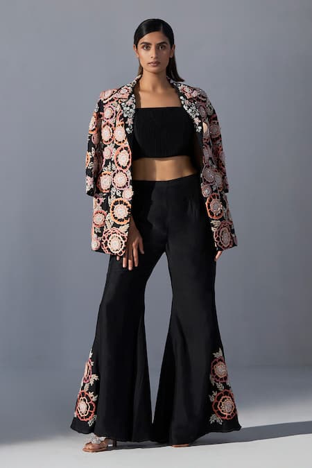 Koashee By Shubitaa Black Silk Sequins, Embroidery 3d Floral Jacket And Bell Bottom Pant Set Online at Aza Fashions Koashee By Shubitaa_Black Silk Sequins, Embroidery 3d Floral Jacket And Bell Bottom Pant Set _Online_at_Aza_Fashions