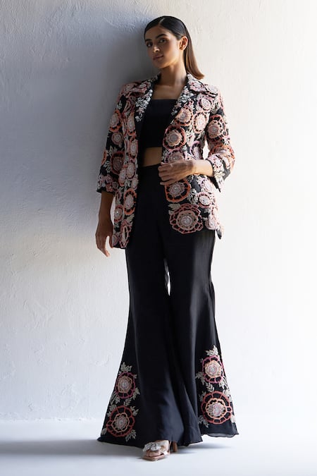 Buy Koashee By Shubitaa Black Silk Sequins, Embroidery 3d Floral Jacket And Bell Bottom Pant Set Online at Aza Fashions Buy_Koashee By Shubitaa_Black Silk Sequins, Embroidery 3d Floral Jacket And Bell Bottom Pant Set _Online_at_Aza_Fashions