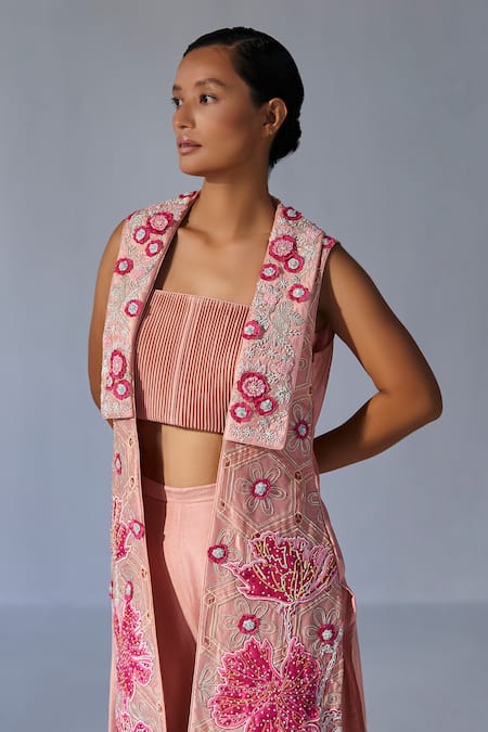 Shop Koashee By Shubitaa Pink Silk Embroidery, Sequins Open , Square Floral Jacket Pant Set at Aza Fashions Shop_Koashee By Shubitaa_Pink Silk Embroidery, Sequins Open , Square Floral Jacket Pant Set _at_Aza_Fashions