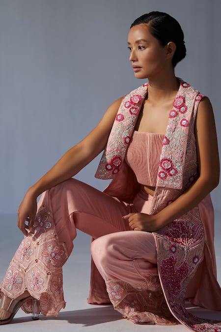 Koashee By Shubitaa Pink Silk Embroidery, Sequins Open , Square Floral Jacket Pant Set Online at Aza Fashions Koashee By Shubitaa_Pink Silk Embroidery, Sequins Open , Square Floral Jacket Pant Set _Online_at_Aza_Fashions