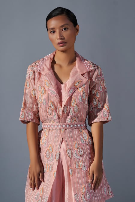 Shop Koashee By Shubitaa Peach Silk Embroidery, Cut Work, Sequins Collared, Leaf Jacket Palazzo Set at Aza Fashions Shop_Koashee By Shubitaa_Peach Silk Embroidery, Cut Work, Sequins Collared, Leaf Jacket Palazzo Set _at_Aza_Fashions