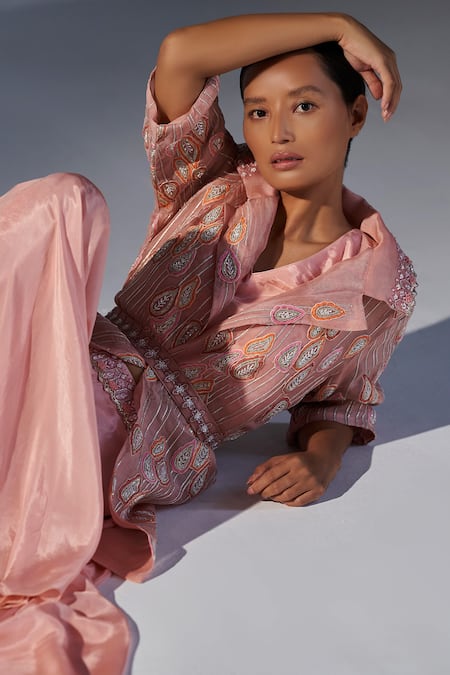 Koashee By Shubitaa Peach Silk Embroidery, Cut Work, Sequins Collared, Leaf Jacket Palazzo Set Online at Aza Fashions Koashee By Shubitaa_Peach Silk Embroidery, Cut Work, Sequins Collared, Leaf Jacket Palazzo Set _Online_at_Aza_Fashions