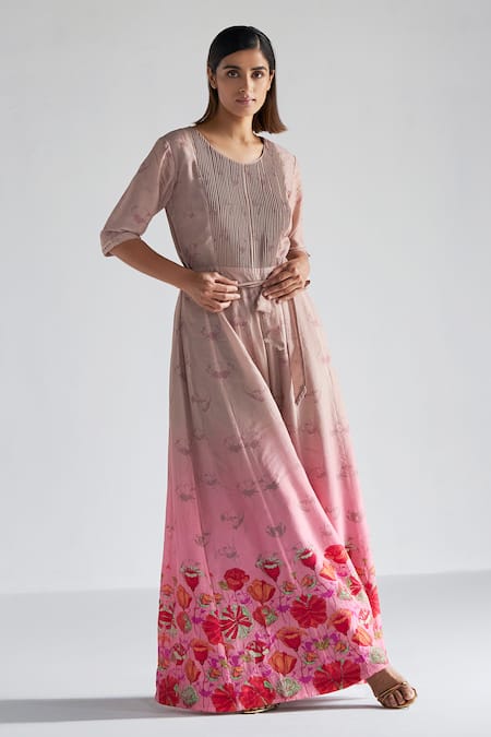 Koashee By Shubitaa Pink Silk Embroidery Round Neck Ombre Printed Jumpsuit With Belt Online at Aza Fashions Koashee By Shubitaa_Pink Silk Embroidery Round Neck Ombre Printed Jumpsuit With Belt _Online_at_Aza_Fashions