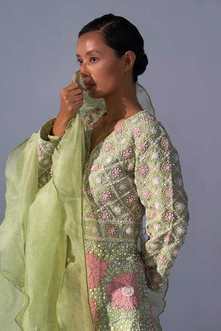 Koashee By Shubitaa_Green Silk, Organza Embroidery V-neck 3d Floral Zardozi Peplum Sharara Set _Online_at_Aza_Fashions