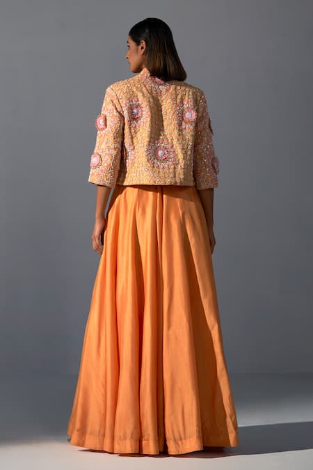 Shop Koashee By Shubitaa Orange Silk Sequins, Embroidery Asymmetric, Angrakha Anarkali With Jacket at Aza Fashions Shop_Koashee By Shubitaa_Orange Silk Sequins, Embroidery Asymmetric, Angrakha Anarkali With Jacket _at_Aza_Fashions