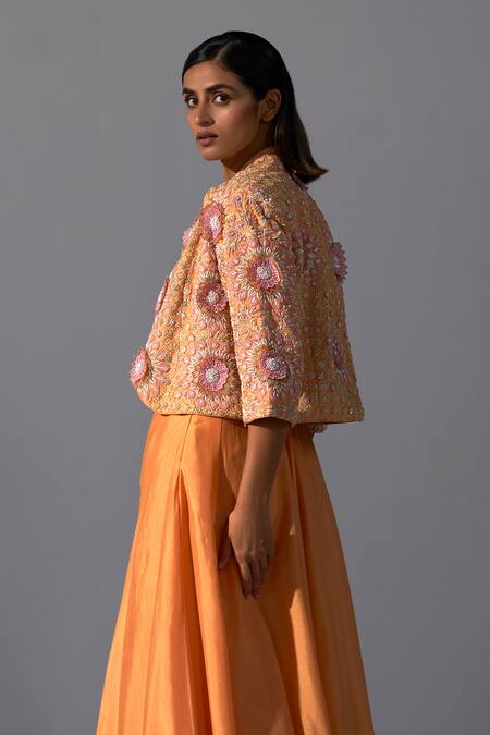Koashee By Shubitaa Orange Silk Sequins, Embroidery Asymmetric, Angrakha Anarkali With Jacket Online at Aza Fashions Koashee By Shubitaa_Orange Silk Sequins, Embroidery Asymmetric, Angrakha Anarkali With Jacket _Online_at_Aza_Fashions