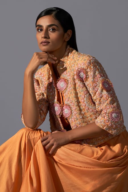 Buy Koashee By Shubitaa Orange Silk Sequins, Embroidery Asymmetric, Angrakha Anarkali With Jacket Online at Aza Fashions Buy_Koashee By Shubitaa_Orange Silk Sequins, Embroidery Asymmetric, Angrakha Anarkali With Jacket _Online_at_Aza_Fashions