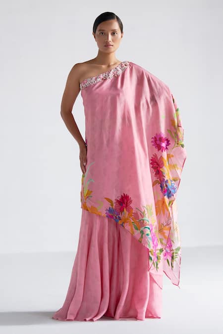 Koashee By Shubitaa Pink Silk Embroidery, Zari Asymmetric Floral Print Top And Sharara Set