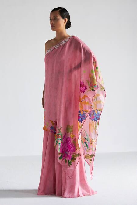 Koashee By Shubitaa Pink Silk Embroidery, Zari Asymmetric Floral Print Top And Sharara Set Online at Aza Fashions Koashee By Shubitaa_Pink Silk Embroidery, Zari Asymmetric Floral Print Top And Sharara Set _Online_at_Aza_Fashions