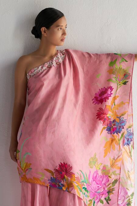 Buy Koashee By Shubitaa Pink Silk Embroidery, Zari Asymmetric Floral Print Top And Sharara Set Online at Aza Fashions Buy_Koashee By Shubitaa_Pink Silk Embroidery, Zari Asymmetric Floral Print Top And Sharara Set _Online_at_Aza_Fashions