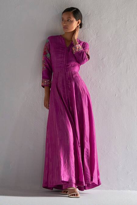 Shop Koashee By Shubitaa Purple Silk Embroidery, Sequins, Beads Split Sleeve Printed Anarkali And Pant Set at Aza Fashions Shop_Koashee By Shubitaa_Purple Silk Embroidery, Sequins, Beads Split Sleeve Printed Anarkali And Pant Set _at_Aza_Fashions