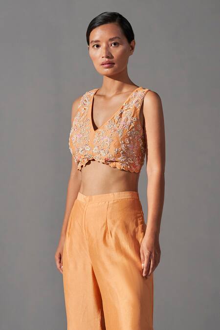 Koashee By Shubitaa Orange Silk Sequins, Zari V-neck, Zardozi Embeoidered Jacket Palazzo Set Online at Aza Fashions Koashee By Shubitaa_Orange Silk Sequins, Zari V-neck, Zardozi Embeoidered Jacket Palazzo Set _Online_at_Aza_Fashions