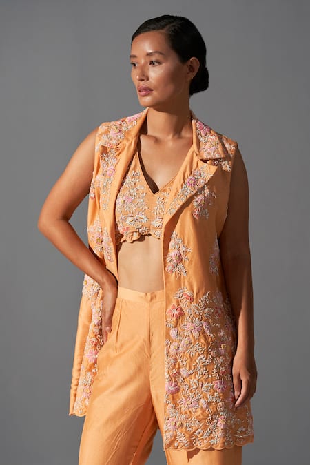 Buy Koashee By Shubitaa Orange Silk Sequins, Zari V-neck, Zardozi Embeoidered Jacket Palazzo Set Online at Aza Fashions Buy_Koashee By Shubitaa_Orange Silk Sequins, Zari V-neck, Zardozi Embeoidered Jacket Palazzo Set _Online_at_Aza_Fashions