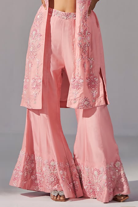Koashee By Shubitaa Pink Silk Zari Open Neck, Floral Blossom Embroidered Jacket Sharara Set Online at Aza Fashions Koashee By Shubitaa_Pink Silk Zari Open Neck, Floral Blossom Embroidered Jacket Sharara Set _Online_at_Aza_Fashions