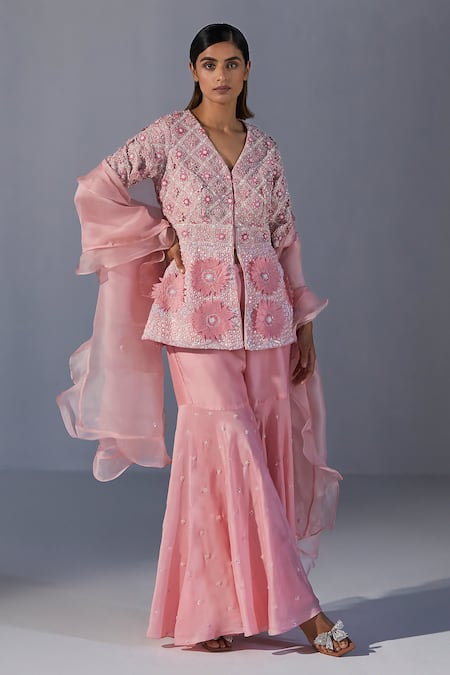 Koashee By Shubitaa Silk 3D Floral Embellished Peplum Top Sharara Set 