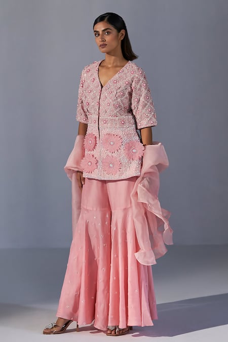 Koashee By Shubitaa Silk 3D Floral Embellished Peplum Top Sharara Set 