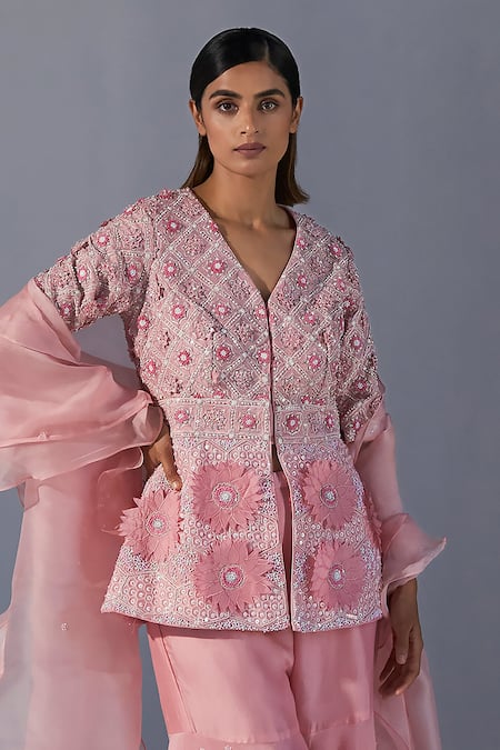 Koashee By Shubitaa Pink Silk Zari, Embroidery V-neck 3d Floral Embellished Peplum Top Sharara Set Online at Aza Fashions Koashee By Shubitaa_Pink Silk Zari, Embroidery V-neck 3d Floral Embellished Peplum Top Sharara Set _Online_at_Aza_Fashions