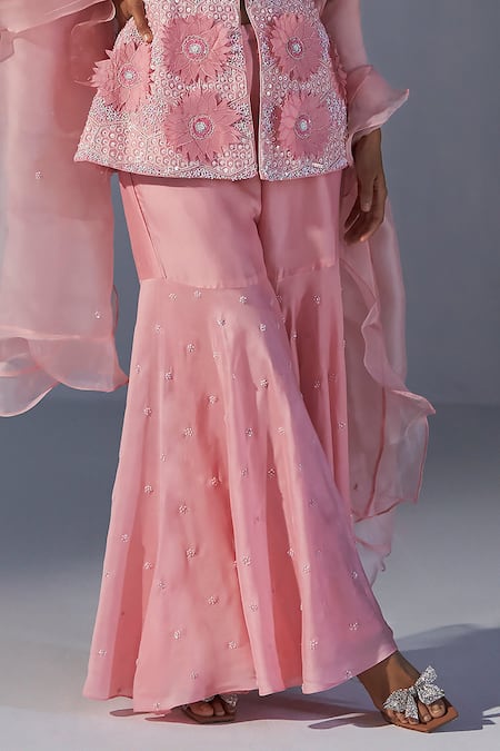 Buy Koashee By Shubitaa Pink Silk Zari, Embroidery V-neck 3d Floral Embellished Peplum Top Sharara Set Online at Aza Fashions Buy_Koashee By Shubitaa_Pink Silk Zari, Embroidery V-neck 3d Floral Embellished Peplum Top Sharara Set _Online_at_Aza_Fashions