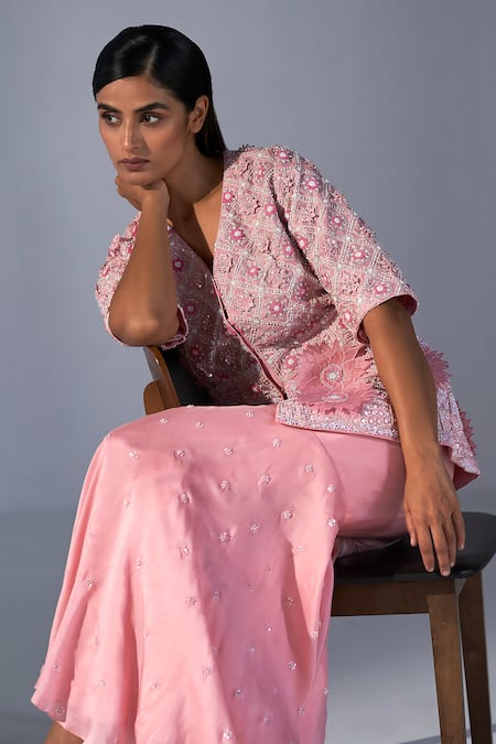Shop Koashee By Shubitaa Pink Silk Zari, Embroidery V-neck 3d Floral Embellished Peplum Top Sharara Set Online at Aza Fashions Shop_Koashee By Shubitaa_Pink Silk Zari, Embroidery V-neck 3d Floral Embellished Peplum Top Sharara Set _Online_at_Aza_Fashions
