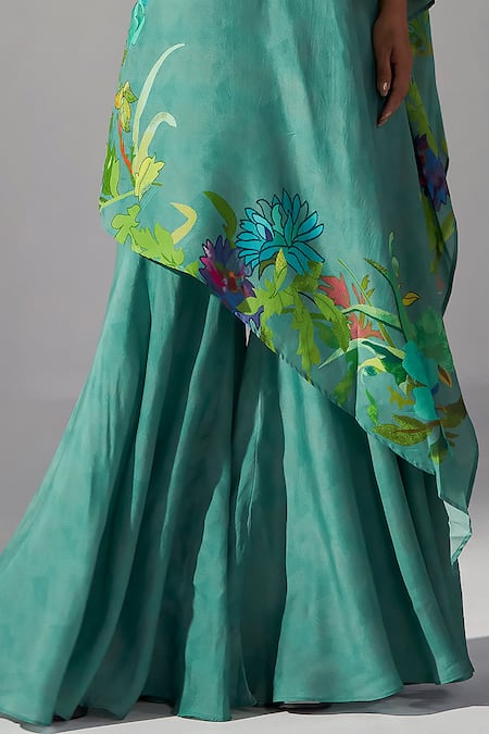 Koashee By Shubitaa_Blue Silk Embroidery, Zari One Shoulder Placed Resham Long Top With Sharara _Online_at_Aza_Fashions